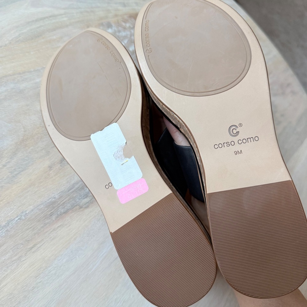 Black leather Wedge Sandals Womens 9 minimalist Cork Platform Thong summer chic - Picture 7 of 7